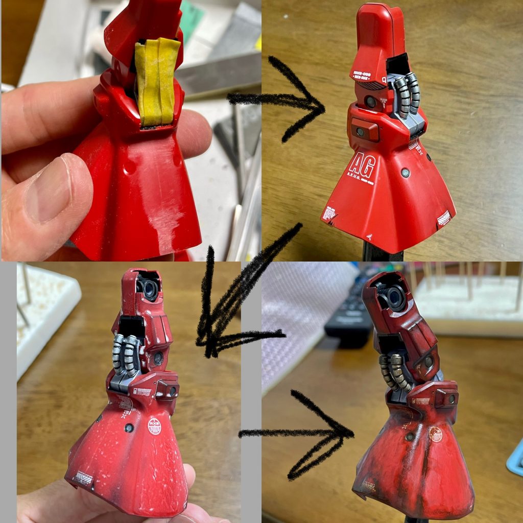 裏側を黒塗り、合わせ目消し、部分塗装、スミイレ、デカール、つや消し、パルテルシャドウ、つや消し、油彩でのウォッシング、ドライブラシ、つや消しで仕上げました。パステルシャドウ後つや消しを失敗しました。(左下の画像)梅雨の湿気でかぶって白化しました。800番で軽くヤスってからのウェザリングでなんとか誤魔化しました。雨の日のつや消し、ダメ!ゼッタイ!