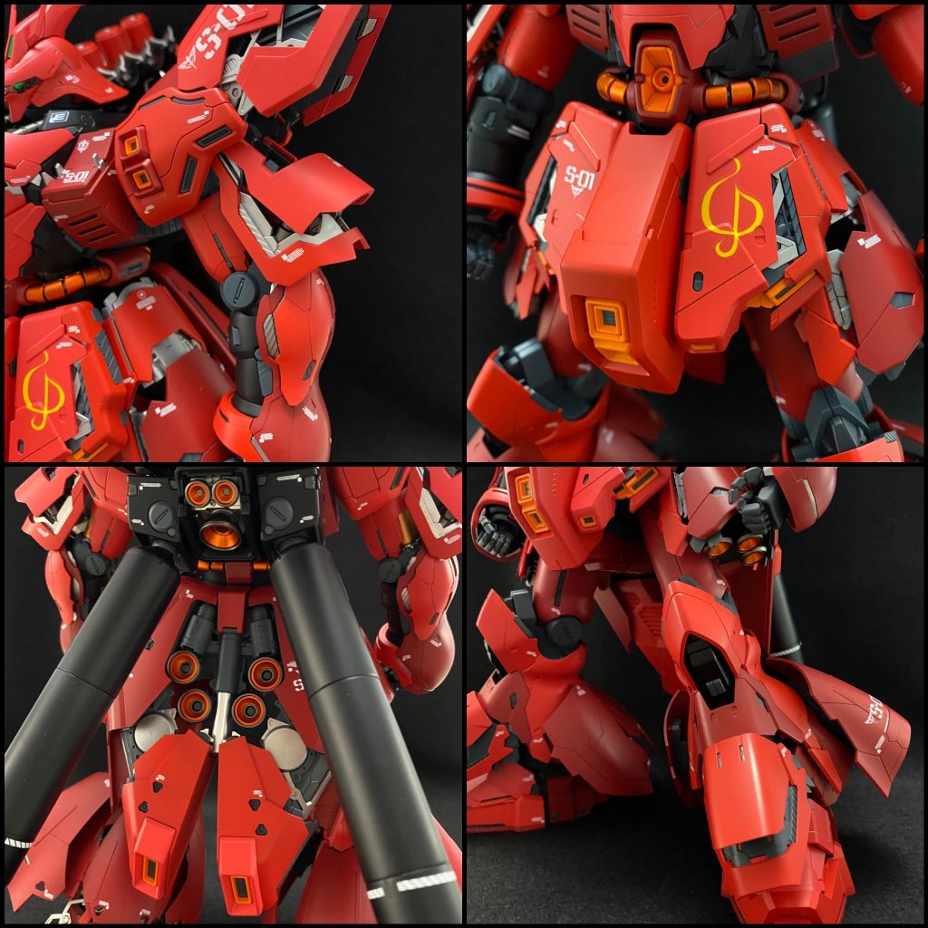 全身のあらゆるハッチが開きます。内部フレームはメカサフにインディブルーやブルーグレーを混ぜたもの。金属部は、スターブライトシルバーとガンメタを極少量混ぜたものを使用。金属部はテカテカ仕上げにするか最後まで悩みましたが、今回は半光沢でツヤを落とすことに。