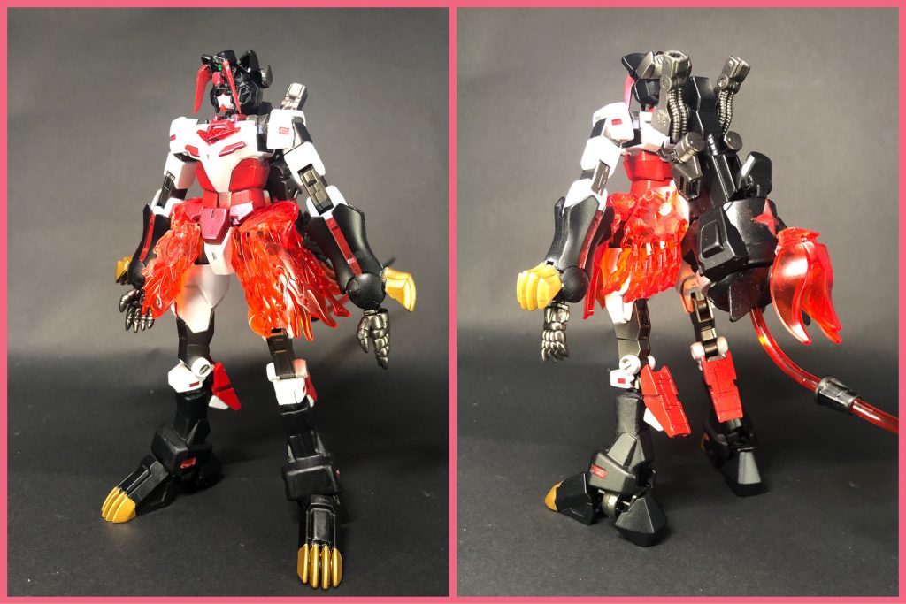 レッカガンダム・タンゴレッカとタンゴが合体した形態。モチーフは猫耳アイドル。髪型は猫耳(それ髪型か？)で、センサーとして役立つ。猫の如く俊敏な動きと鋭い爪で切り裂く、パワーとスピードを兼ね備えたバランス型。火遁・爆炎爪の更なる強化、オーガモードで問題となるエネルギー消費量をアーマー装着によって改善するなど、レッカの持つ能力をそのまま強化する事も目的としている。兎が白に決まった後、自動的に黒猫になったわけですが…MA時はもちろん、アーマーの色合いが割と纏まってくれて安心しました( ＾∀＾;)意図せずして某会いに行けるアイドルっぽくなった(なった…のか？)ので結果オーライ！