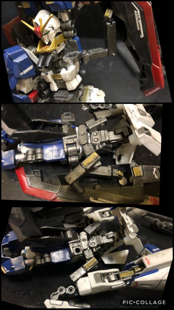 ④ 脚部サイドアーマーの可変実は非常に厄介な部分。脚部に直接付けないと可変不可になってしまう上に複雑な移動をします。小さなジョイントパーツを組み合わせてなんとか事なきを得ています。⑤ 背部フライングアーマーの可動本機の可変を複雑化させる要因のひとつで脚の可変移動を縦向きとするなら、こちらは横向きの可変移動をし、つまりはジョイントパーツを交差しながら回転、展開しつつ移動させるという実にややこしい事をしています。とはいえフライングアーマー単体で考えれば出来ない事もないんですね。先ず背面側の基部をなるべく前に可動するギリギリに配置、そして次のジョイントへ。柔道の帯を腰に巻きつけるイメージですね。そしてフライングアーマーを180度回転させつつWR機体の後方へ。なんとかなるもんですハイ。⑥ シールドの可変ここまで自作すると、WR時にどうしても無理な部分が出てきます。それをカバーするのがシールド。シールドって便利ですね。キットのままでは長さや取り付け角度に無理が生じるので、赤い先端部と黒い部位の間にまたしてもジョイントパーツを仕込んで、コクピット部と腹部にマグネットや鉄のプレートを仕込んである事でカチッと本体に接続されます。コレでWRへの可変完了です〜！カミーユ「あー読むのめんどくさいな。コレが、Zガンダムの可変システム...！」oyz「そうだ。この可変で劇中と違う大きな点がある。背面の脚の取付基部の位置がひとつ。もうひとつは...。」カミーユ「もうひとつ？」oyz「もうひとつ、それは本体の内部が空洞ではない、という事だよ。」カミーユ「どういう事です？」oyz「劇中では頭部の収納はスライドさせて、そして腹部も収納する事で、可変時のクリアランスを確保していた。だが、その為にMS時の本体内部に設定上大きな空間が存在しているんだ。」カミーユ「何か問題でも？」oyz「完璧な変形の為に必要なのだが、実際のMSに、そんなムダなスペースは必要ないだろう。高性能機でコレはムリがある。」カミーユ「公式の設定ですよ？」oyz「今回の変形では、頭部の収納は胸部を可変時に通した後でWR時に縮める、そして腹部はそのままで各部微調整で可変して、シールドを分割する事で、WRに可変させる事に成功しているんだ。これならば本体内部にムダなスペースは発生しない。公式には無い設定だけど。こういうところが、公式の設定を重視しなくてはいけないメーカーさんとの、自由度の違いだね。」カミーユ「スライドギミックや収納ギミックが難しいからやらなかっただけの話じゃないんですか？」oyz「ええい！痛いところを付く！」−アーガマブリッジ−ブライト「カミーユ、Zガンダムの可変ギミックの説明は解ったか？」カミーユ「ハイ。」ブライト「よし、説明を受けてる間に、戦況は最終局面に入った。ティターズ艦隊との最終決戦だ。」カミーユ「え？さっきZガンダムを受領したばかりですよ？」ブライト「長々と文章を書いてる間に戦況は変わったんだ。そんな事を言っている余裕は無い。カミーユは強化型Zガンダム、FA−Zガンダムで単機で敵艦隊に強襲し、一気に艦隊を撃破してくれ。」カミーユ「ええ！？どういう事ですか！？」ブライト「敵のMS部隊は、クワトロ大尉のMS部隊が陽動し抑える。FA−Zガンダムの性能ならば、敵のMS部隊を突破できる筈だ。」カミーユ「いやその前に、強化型Zガンダム、FA−Zガンダムってなんですか！？」ブライト「なんだ、室長からZガンダムの説明を受けたのではないのか？」カミーユ「FA−Zガンダムとか聞いてませんよ！」ブライト「なら聞いてくるんだ。FA−Zガンダムは今回の作戦の要だ。知らないでは洒落にならん。」カミーユ「わかりましたよ。」