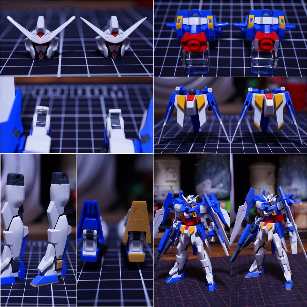 主な工作です。フェイス周りは削りこみシャープ化。腕部は合わせ目を消して肘部分のダボが気になったので削り込みプラ板で蓋をしました。腰の肉抜きはプラ板で塞ぎ、フロントはセンター部分を2mm延長、アーマーは1mm延長しました。脚部は腿の合わせみは段落ちモールドを掘り、足首パーツが細く感じたのでプラ板でボリュームを出し形状変更しました。足裏はプラ板で肉抜き埋めをし、筋彫りでパネルラインの追加をしました。