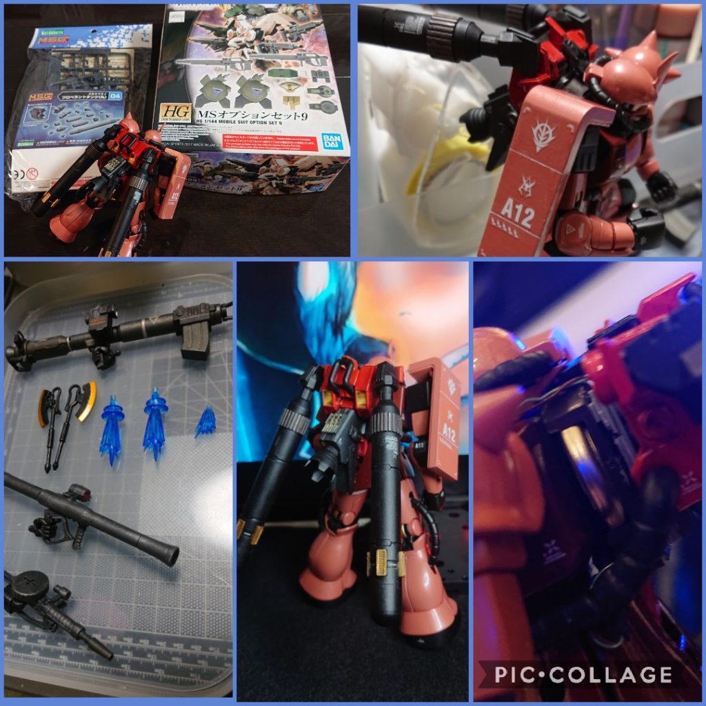 バックパックは鉄血のMSオプションセット9に入っていたものがちょうど良かったので拝借。プロペラントタンクやバーニアはコトブキヤのものを組み合わせました。腰回りの動力パイプは余ったランナーを接着剤で溶かしつつ流し込んで角度を調整しバックパックに接続できるよう加工しました。電池ボックスはあえてむき出しにしてみました。金属的な感じや配線もまぁ、見えてもそこまで違和感無いんじゃないかなと思っての判断です。あえてですよ😅バーニアのエフェクトパーツは公式ビルダーズパーツです。箱絵の感じをイメージしてクリアーブルーで塗りました。その他、シールドは白いラインを2本入れたくて、仕上げのトップコート光沢を吹いた後でしたが、改めてスジボリして、その後、4アーティストマーカー白を流し込みました。はみ出し箇所はエナメル溶剤で拭き取りました。ウェザリングはほとんどしていません。光沢仕上げなのであまり汚したくなかったのです。一応、つや消しブラックで塗装した所や武器類はウェザリングマスターのシルバーあたりを軽ーくつけています。うっすら陰影がついたみたいで満足しています☺️