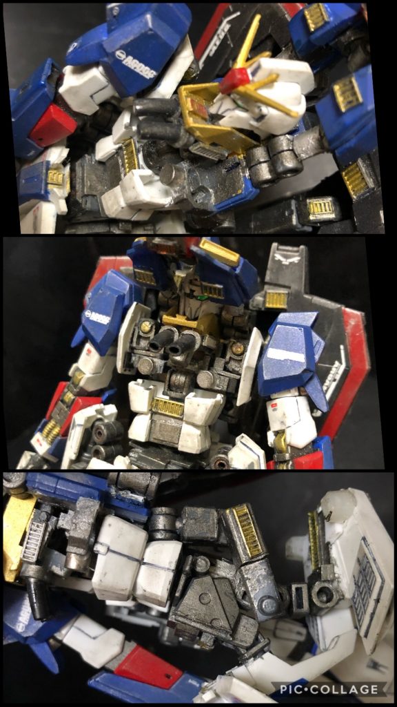 ③ 腰部の変形実は腰部は、基本的に変形に全く関与しないパーツです。可変時に邪魔にならない様にフロントアーマーとリアアーマーは上側が開く様になってます。重要な点として、腰部と脚部は繋がってません。こうする事によって、ゼータの無茶な可変と、MS時に腰を捻る動作の両方を可能にしてます。フロントアーマーは可変時の腕部を抑える役目もしてます。③ 脚部の可変可変しやすい様に内部を少し削ってますが、基本的そのまま。問題の脚部基部はMSの背面に繋がっており、そこからジョイントパーツを組み合わせて開く、捻るといった可動をさせながらWR時に機体の横まで持っていく事が出来る様になっています。ここの基部を背中にすることでMS時に動きを出すことが出来ます。設定画のままではこの基部が本体の内側にある為、動きにかなりの制限が発生し、かつ可変の難易度を相当上げてしまいます。製品としてのゼータでは絶対に採用されない構造だと思います。