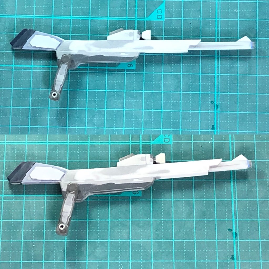 テレスコピックバレルはこんな感じで作ってます。砲身はちゃんと伸びます。スコープにストライクフリーダムのビームライフル、ダガーLのスコープを使い、後ろ側にフリーダムのクスィフィアスを使っていて下側にパワードアームズパワーダーの大型ライフルの下側をつかっています。銃口にはジャンクパーツをつかっていて、それ以外はプラ板とプラ棒です。