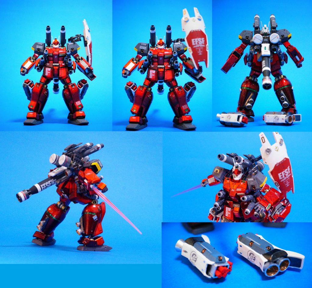 突撃用ブースターの増設には、ブースター自体の数の増加と、使い終わったらパージして小回りを稼ぐアプローチが取られた。一般的にはプロペラントタンクはタンクでしかないが、ここではタンクの先にもブースターが取り付けられている。両脚に取り付けられているストライカーパックは、アナハイムの提案により急きょ追加した兵装で、多弾ミサイルポッドと増加ブースターをパッケージ化したもの。急遽の増設、かつ使い捨てパックにて、機体とのカラーコーディネートはなされておらず、大きくアナハイムのエンブレムがあしらわれており、期せずして“えげつない死の商人”感がこのころから既に醸し出されている。