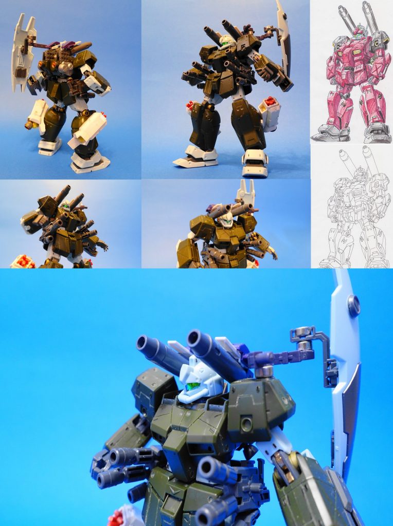 「最近ガンプラ、めちゃくちゃたかいじゃん。HGで7000円台とか、わけわからん。もっと千円台で手軽に楽しめるガンプラないかなー」とビックカメラのおもちゃ売り場をぶらぶら。「お!ジムキャノンII、1300円! なつかしー! 0083の機体、みんなかっこいいし、これにしよ!」「GUNSTAみんな上手にかっこよく作ってるなー。俺、どーしようかなー。そもそもキャノン砲が2本あって、こんなにかっこいいのに”ジム”キャノンIIというのが気に入らん。ガンキャノンMk-IIにしてしまえ!」今回はスジボリも初挑戦。子どもたちのガンプラの箱の中にあるジャンク・パーツを全部もらって、「フル・アーマー的なア・バオア・クー突撃仕様にしよう!」「ル・クルーゼさんのガンキャノン風グスタフ・カール、チョーかっこいい!、こんなの作れたら楽しいだろうなあ」「つや消し赤買ったけど、やっぱり筆塗りキャンディ・レッドにしてしまおう。」トーンは3種類;スジボリぱねるラインで区切って、ベースの銀はガンダムマーカーEXのシルバー、タミヤ水性カラーのメタリックグレーと、ガンメタル。その上からクリアーレッドを筆塗りで5回重ね。腰のロケットランチャーはガンプラおまけ装備キャンペーンのジオングの手みたいなやつ。後ろのプロペラント・ブースターはおまけ装備キャンペーンの「ネットガン」とかいうやつ。両足のストライカーパックのもと、なんのジャンクパーツかわかる方います?ふふふ?今回はネオジム磁石を初めて使いました。ストライカーパックの脱着、シールド用サブアームの保持と回転に。かんたん便利でいいですね。