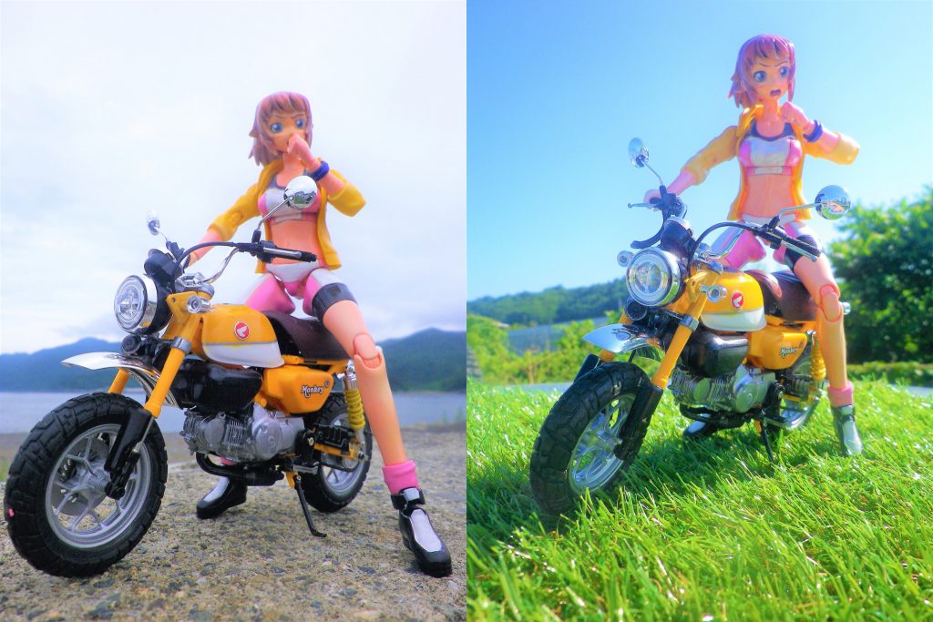 曇り空と晴天状態の外ロケ撮影比較です。晴天の色合いの映えるように黄色はタミヤのキャメルイエロー（曇り）→ガイアノーツ・エヴァイエロー（晴天）に天候に合わせて塗り替えて居ます。