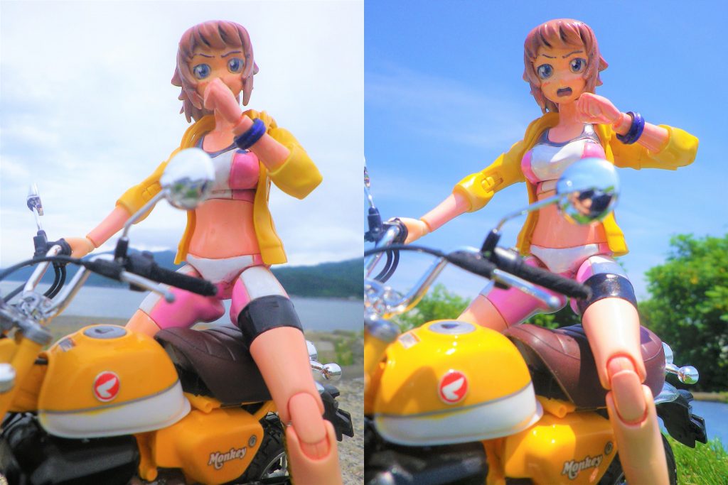 肌色も晴天の光量で白飛びするのでラスキウスカラーのクリアーペールレッドを強めに吹き付けて元気そうな色合いに塗っています。