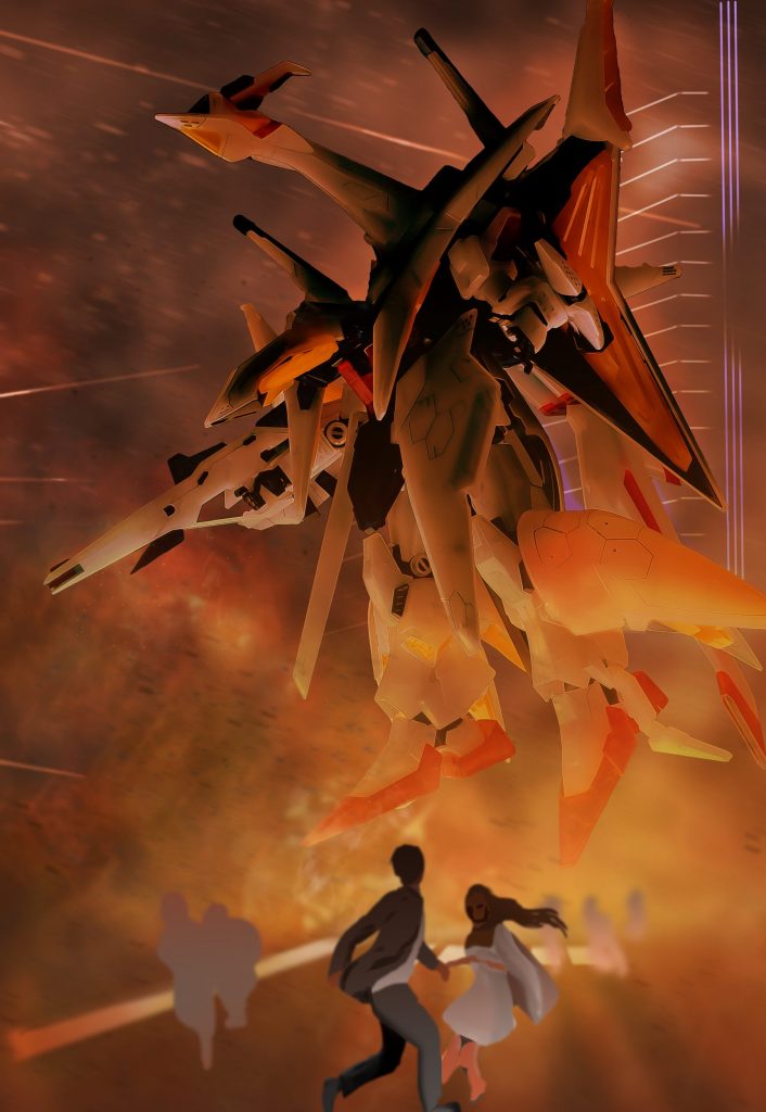 映画の宣伝用に描かれたイラストのポーズをとらせて、それに背景を書き足したものになります。