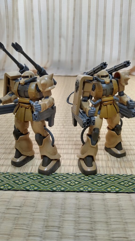 最後にもう一つザク・ハーフキャノンで作った僚機のザク・ダブルキャノンと一枚。もし、ガンプラバトルができたら乗りたい二番目のガンプラです。ザク・フルバレットは二番目に気に入ってます。ちなみに制作工程は残っていないので、載せません。2021/8/11：少しテキストを修正しました。