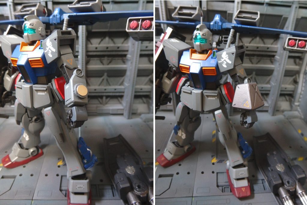 重たいガトリングシールドを保持する為、ネオジム磁石を仕込んだのですが、ジムの前腕に内蔵するには大き過ぎて、外に貼りました。前回作成したリックディアスのアーマーなど、鉄板や磁石が仕込まれたパーツなら何でも装備できます。楽しいですね。