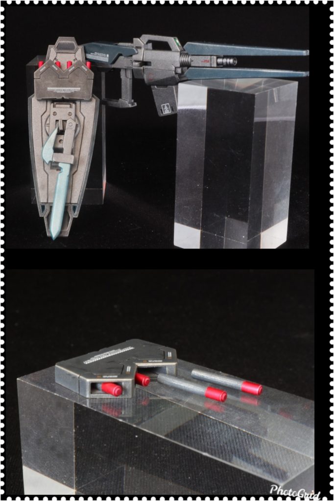 各武装アップ。ドッズスナイパーライフルは、AGE系武装をミキシングして作成。ミサイルポッドは、2つを繋げて4連装にし、シールド裏に着脱式でアタッチ。ミサイルはプラ棒からスクラッチ。シグルコンバットブレードは、シルバー下地に、クリアブルー、シャンパンゴールドを薄く塗装。いい色になりました。