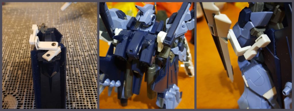 背部のサーベルラックの可動追加とシールド接続フレームも自作。