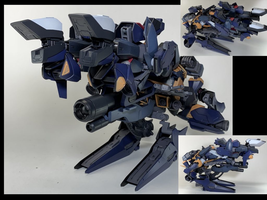 砲撃戦モード(バストライナーモード)基本的には近接戦に持ち込んで手数にて敵を圧殺する戦い方を得意とする本機ですが、長距離からの制圧を行うための機能も併せて用意されており、砲撃戦モードとなることでバックパックと脚部に配置された高出力ビームランチャーを使用することができるようになります。実のところ、当初のプランではこの形態が本命の変形でしたが、遊び要素で作っていた変形の方に力が入ってしまい、こちらがおまけみたいになってしまいました。。。