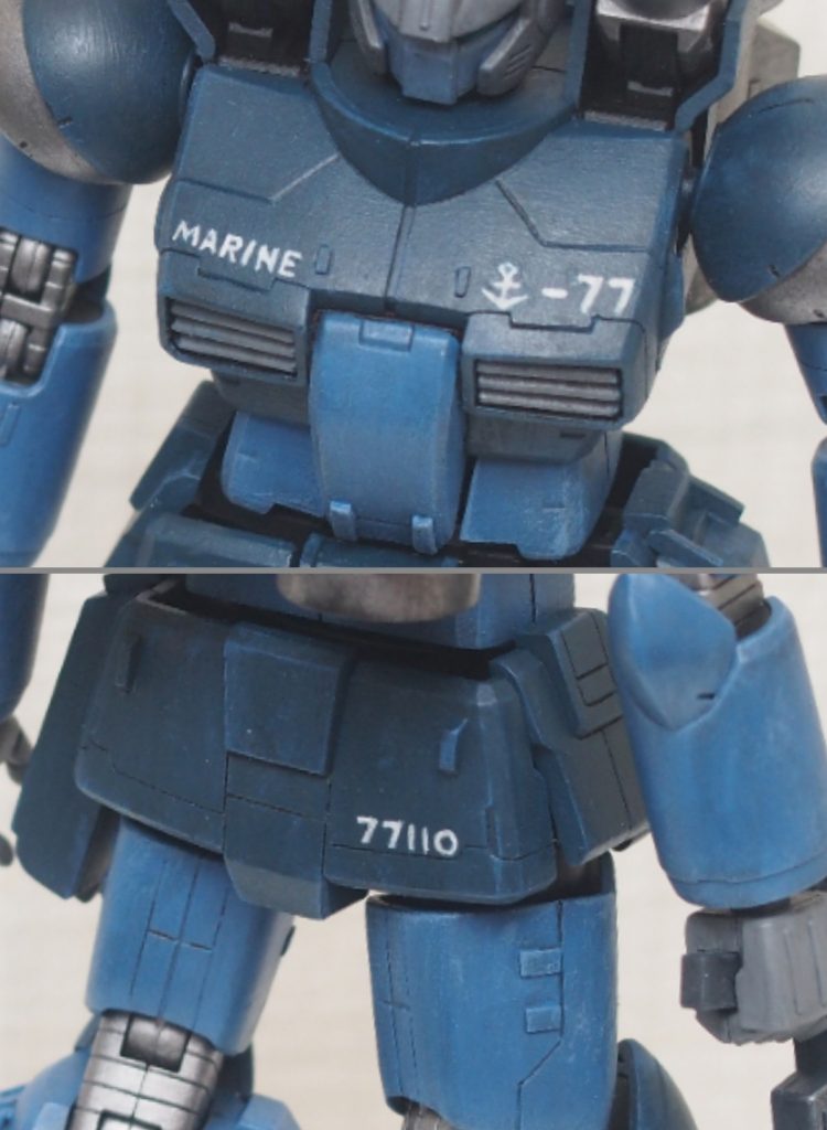 塗装例にもあった錨と連邦のマークが合わさったようなのはデカールも無いので筆塗りで書き込みただMARINEの部分は連邦海軍の設定なのでE.F.NAVYとかにしといたら良かったかなと思いましたがこれはこれで格好いいので良しとしてます笑