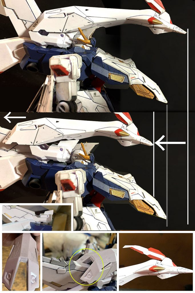 首後ろのパーツを削って顔の可動範囲を広げ、首も１ｍｍほど延長しています。機首後端を削ってリアスタビライザーに干渉ギリギリにし、機首を後方に移動できるようにしたり、とにかくイチモツが主張しすぎないように変更。機首そのものも、切ったり削ったりで、厚みを出来るだけ抑えてみた。