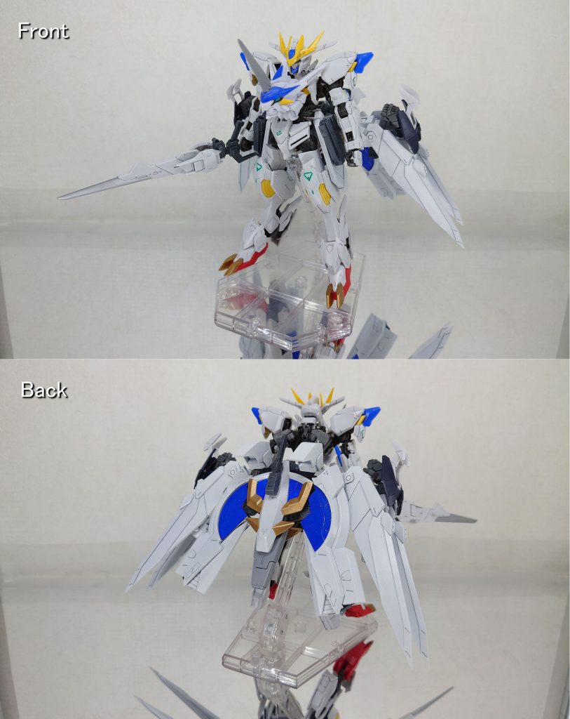 型式番号:VMS-MPT-DGX03-MS機体名:ガンダムバルファエル動力:エイハブリアクター(メイン)、ドラゴンハート(サブ)装甲材:ナノラミネートアーマーどこかの世界で製造された機体。改良したガンダムフレームの試験と、エイハブリアクターと他動力機関を同期させる試験を行う予定だった実験機に、バエル、バルバトスのパーツを組み込んでいる。本来エイハブリアクターと同期させるはずだったエンジンは取り外され、代わりに「ドラゴンハート」と呼ばれる90%ブラックボックスの動力機関が組み込まれている。胸部右側にエイハブリアクター、左側にドラゴンハートを内蔵する。「ドラゴンハート」側の出力が安定しておらず、両動力の同期は辛うじて取れているものの、出力は本来の10%程度に留まっている。改良したフレームの効果により運動性は従来のガンダムフレーム機体よりも高く、運動性を生かした近接戦闘主体の機体となっている。・ドラゴンハート謎の動力機関。使用している素材、内部機構等不明なことが多く、どのようにエネルギーを生成しているかも不明。内部から何かが脈動しているかのような音が聞こえている...使用したキットは・ガンダムバエル・ガンダムバルバトスルプスレクス・ジオニックソード・MSGいろいろ・アニマギア ガレオストライカーです。ガレオストライカーの頭がドラゴンに見えなくもない...ということで、竜騎士をモチーフに作成しています。オリジナルの成形色を生かし、部分塗装のみ行っています。全体的に白基調で、トリコロールカラーとなるように青、赤を入れています。分かりづらいですが、バエル各部のメタリックレッドをメタリックグリーンに変更して、どことなくヒーロー感が増すようにしています。背部にフレキシブルブースターとウイングユニット(ジオニックソード)を装備します。後ろから見た時にマント状に見えるように取り付けています。両者はバエルソードをマウントする腰のパーツに取り付けてあり、上半身は自由に稼働させることができます。