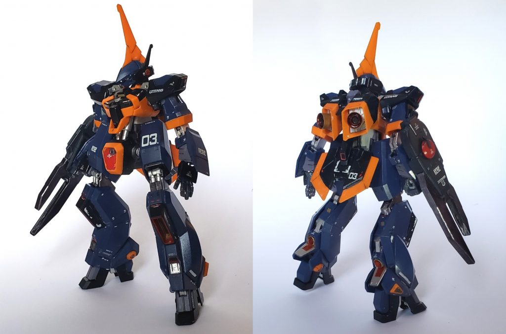 フロントビュー&リアビュー基本はほぼそのまま、手だけビルドナックルズ角のLサイズに変更しています(瞬間接着剤でボールジョイントを太らせて取り付けてます)塗装はうっすらホワイトパールを吹いた上から艶ありトップコートをかけ、コンパウンドで磨いています内部フレームは主にガンダムマーカーのシャインシルバー、ヘビーガンメタリックを使用してます