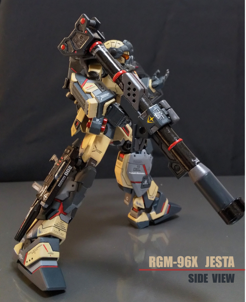 サブ武装のビームライフルを脚部に。ジェスタはミリタリー感が強くて良いですね。