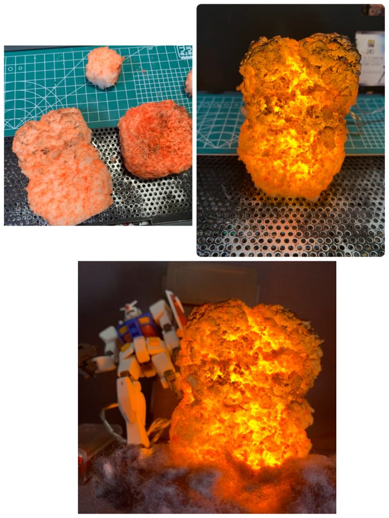 爆発はTwitterで紹介されていた方法を参考にしました。メラミンスポンジをついばむように整形してオレンジ色のマーカーで色付けした後、オレンジ色のLEDを仕込んで点灯するとリアルな爆発が表現できます。煙は手芸綿を黒色マッキーで色付けしたものです。全て百均で揃う材料なので安価で爆発させることができますw以上でボンバァッガイの紹介を終わります。最後までご覧いただきありが…