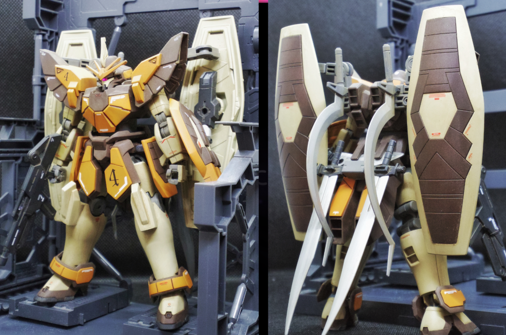 『機体説明』マグアナックディリゲント指揮官機として、カトル専用機としてカスタマイズされたマグアナック。防御と近接戦闘を重視している。アーマディロ装備を参考にシールドが2枚装備されている。シールドの内側には、スラスターが装備されている。武装は、ヒートショーテルの他の、ヒートソード二振りと、サブマシンガン、ヒートナイフを装備。