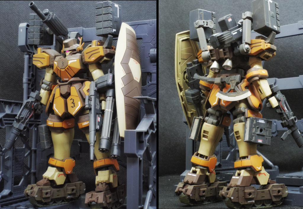 マグアナッククラウントロワ専用機として、砲撃戦装備のカスタマイズがされている。イーゲル装備を参考に、脚部にキャタピラを装備。デュオ機と五飛機は、『オペレーション・サンドストーム#Ⅱ』で紹介。https://gumpla.jp/hg/810710続く