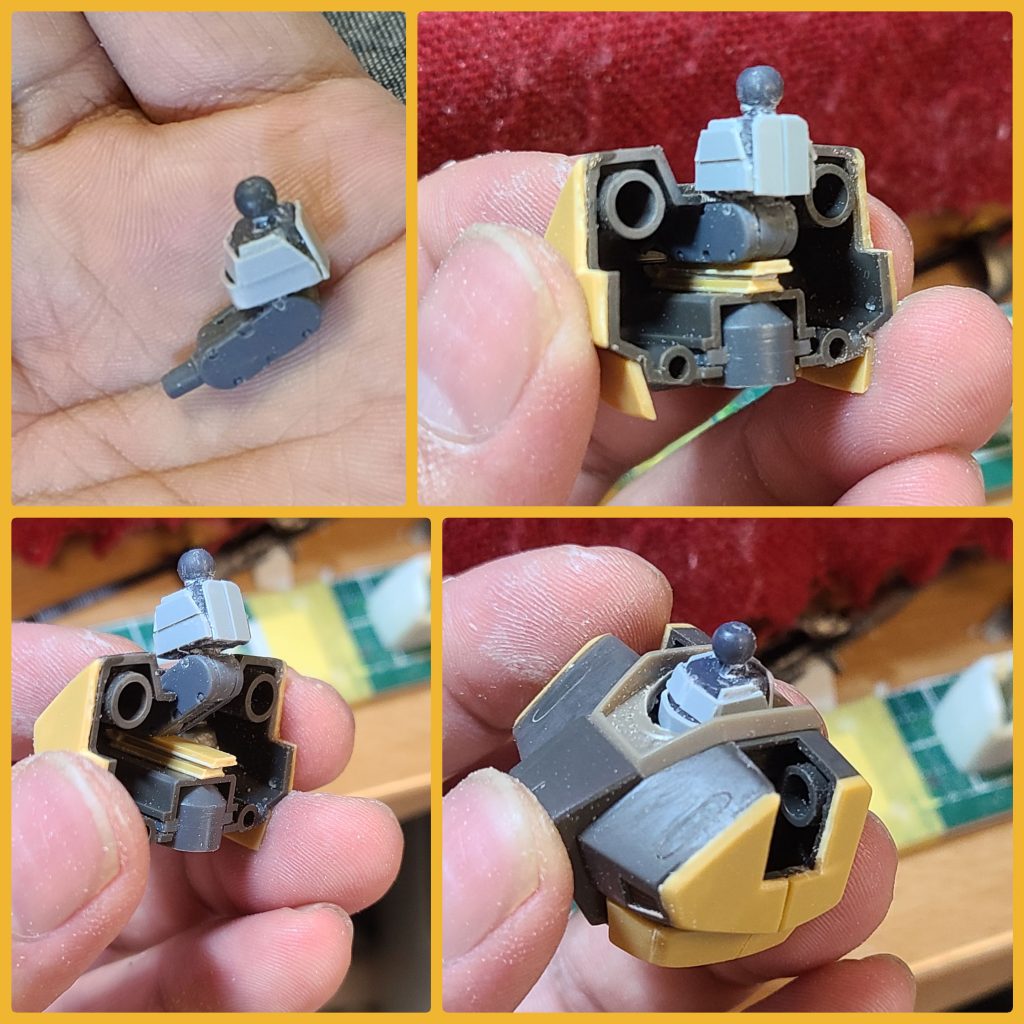 細くて長い首は短くしてプラ板で囲って太くし、エリパーツの間口を広げてコトブキヤさんの二重関節パーツを使ってアゴ引きもキマるようにしています。