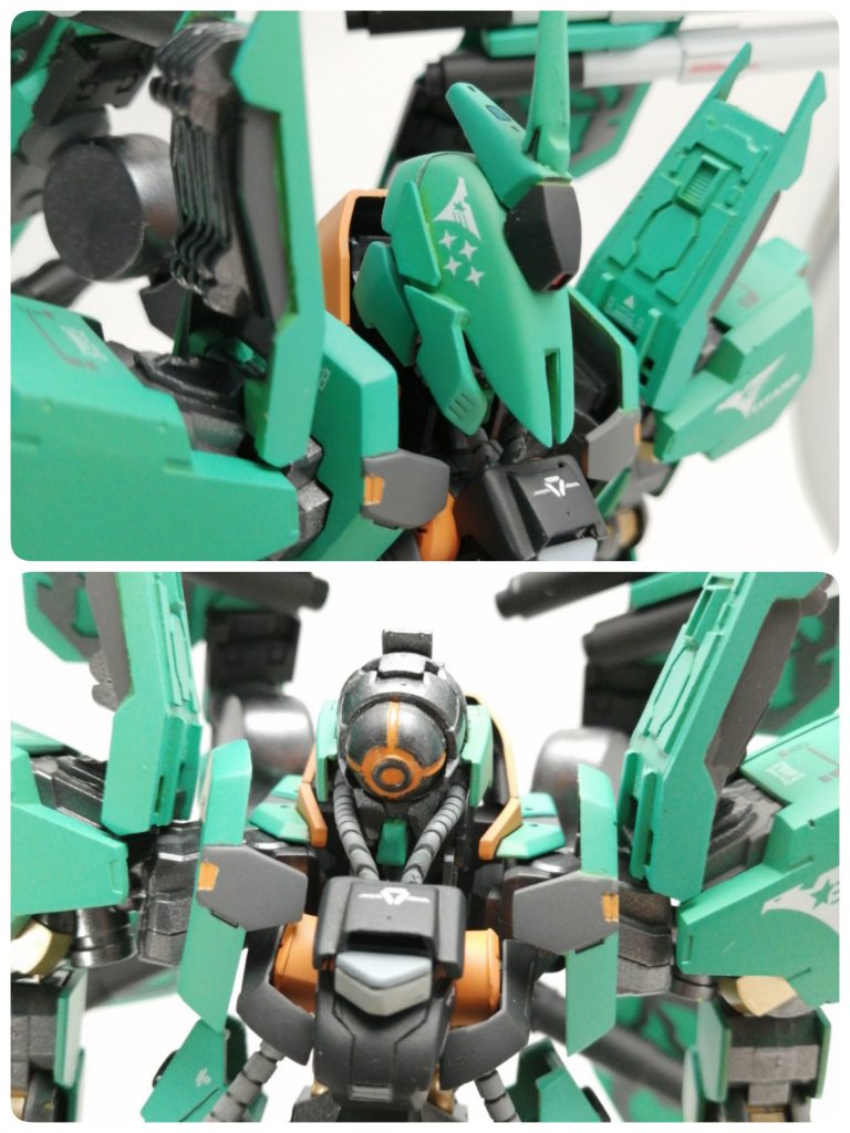 頭部中身のおめめが好きなので、チラ見せしてます。フェイス部分はどことなくエヴァ零号機っぽくなってしまいました笑撃墜数を表すマークをデカールで表現。かっこよくないですか~?