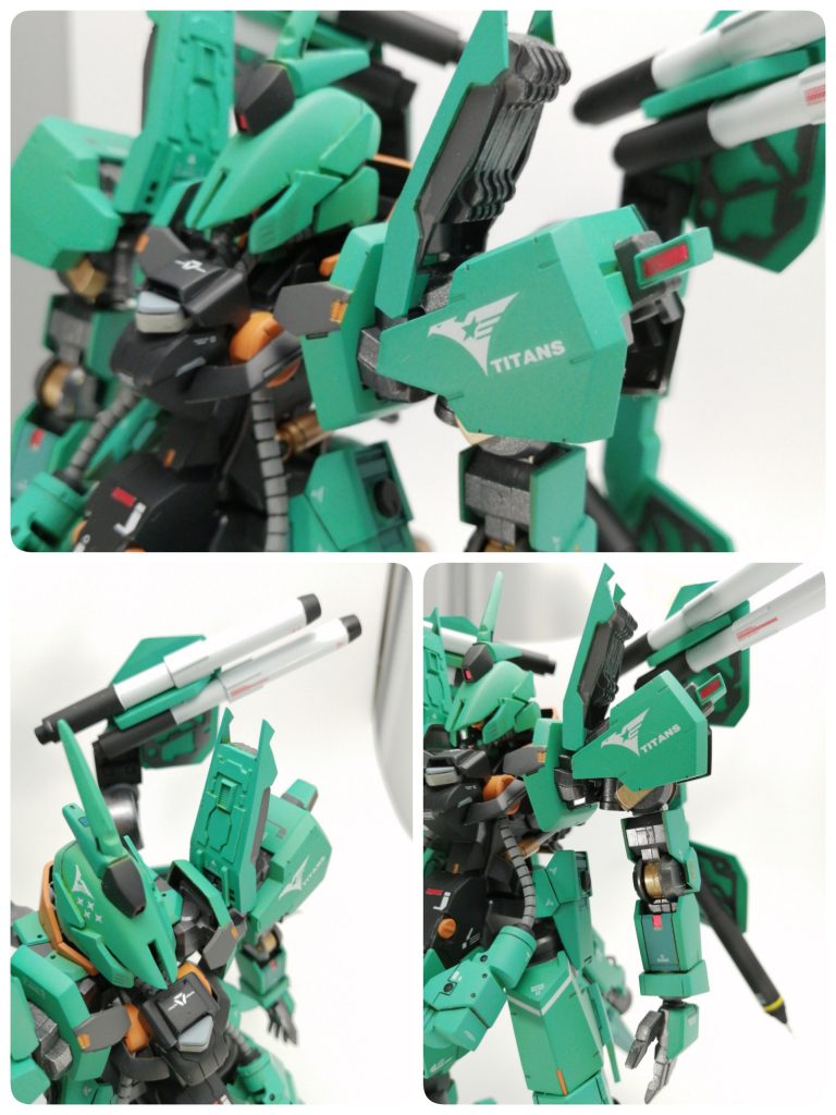 腕部肩周りを弄り倒しました。あの独特の形状については、今回は放熱用のフィンとして解釈してます。シイタケ部分はパンの袋についてるやーつを使いました。赤い警戒色部分は1/100ゾリディアの使わなかったシールがめちゃ役立ちました。