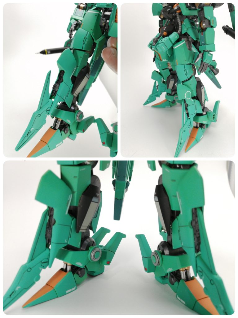 脚部最も見てほしい部分です。個人的にめちゃエロくできました。足首のシリンダーチラ見せです。チラリズムです。脛のメカディティールはスターウォーズのプラモから。