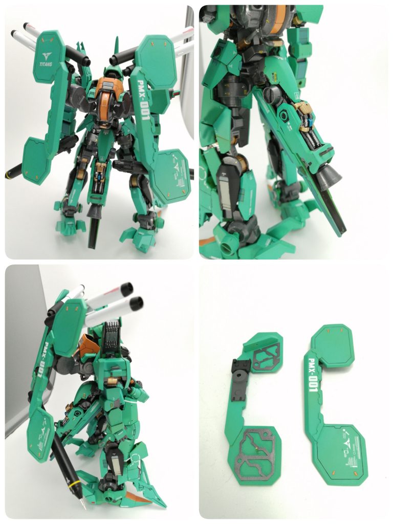 背部ムーバブルシールドと対艦ミサイルをプラ板とプラ棒からスクラッチしました。初めての試みでしたので、かなり時間がかかりました。ほんとに途中で辞めたくなりましたが、一応形になってくれて感無量です。ミサイルで隠れちゃいますが、トラスディティールも頑張って作ったんすよ。スタビライザー、というかテールブースターは既存のパーツとプラ版から。本体のパーツ構成に合わせて内部メカを露出させました。もはや露出狂です。