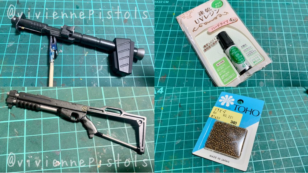 各箇所、部分塗装をしています。トップコートの後にレジンでモノアイを制作し、ビーズでボルトを表現しました。