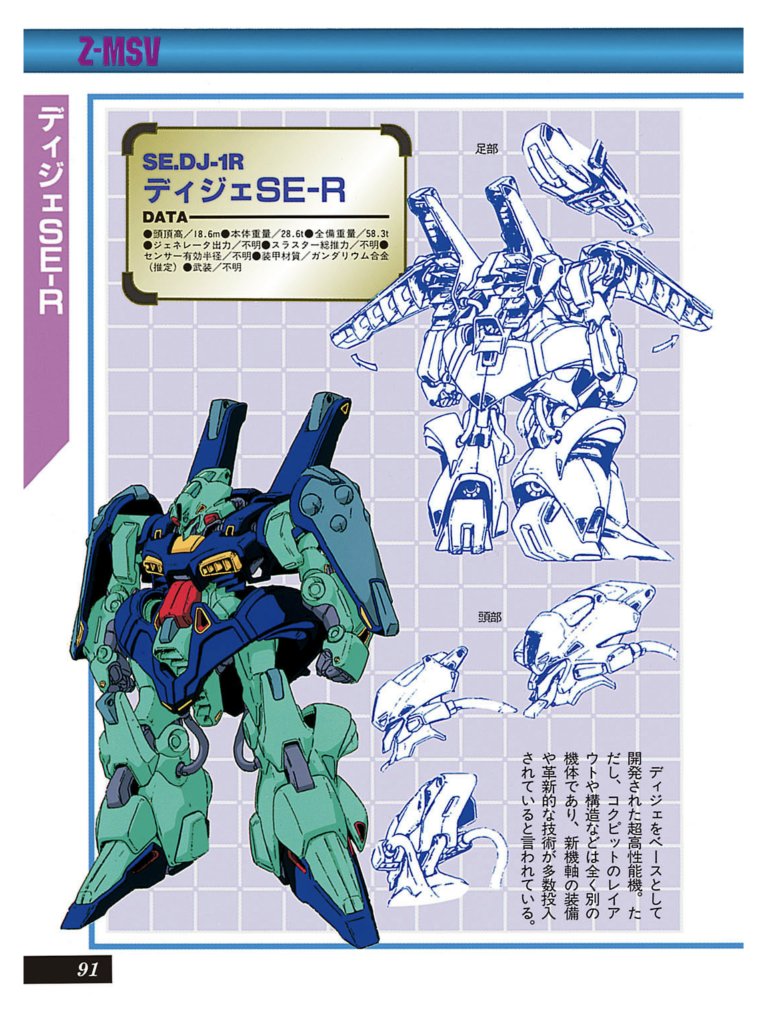 ディジェSE-Rの設定画。謎の機体というのが公式設定です。ΖMSV展開同時期にタイラントソードというパラレル外伝があり、それの未発表機体であるディジェソードのデザインをMS大全集編集時に突っ込んではないかと言われていますが真相は不明です。