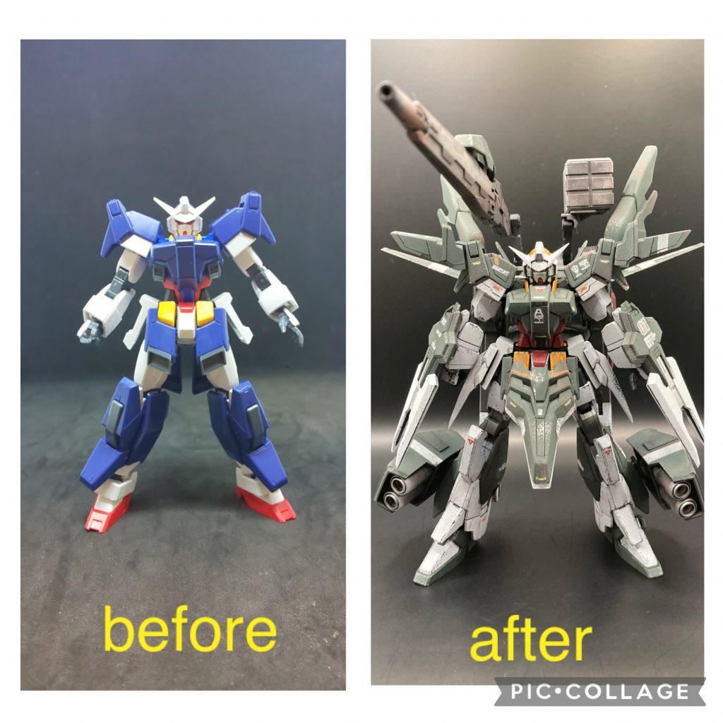 キットの素組みビフォー&アフターミキシング改造後。シルエットをスタイリッシュにする為に脚パーツをZ系にすべく色々取り付け直しながら検討。ゼッツー、ゼルトザーム、ゼータ、ライトニング、結局、ライトニングが1番しっくりきたのでそちらで決定。