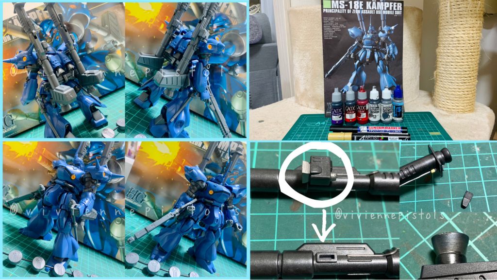 仮組みの状態と使用した塗料になります。今回、塗膜保護とデカールを貼る為にクリアのトップコートを吹いている時に、猫の手から外れてしまい、その時にマンションのベランダから落下‥傷、破損、スコープの紛失をしてしました‥