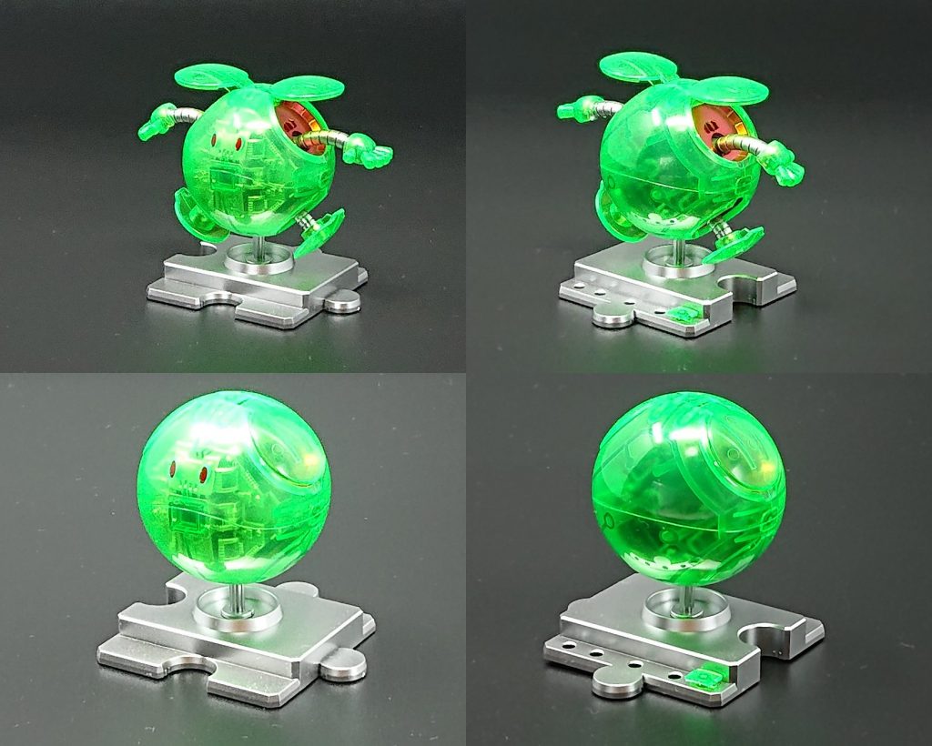 まずは緑のハロ。手足と台座は黒下地にシルバー、手足の付け根はさらにクリアレッドを吹いています。クリアパーツはゲート跡とパーティングラインを消した後、240番から10000番までやすり掛けし、コンパウンドで磨いています。