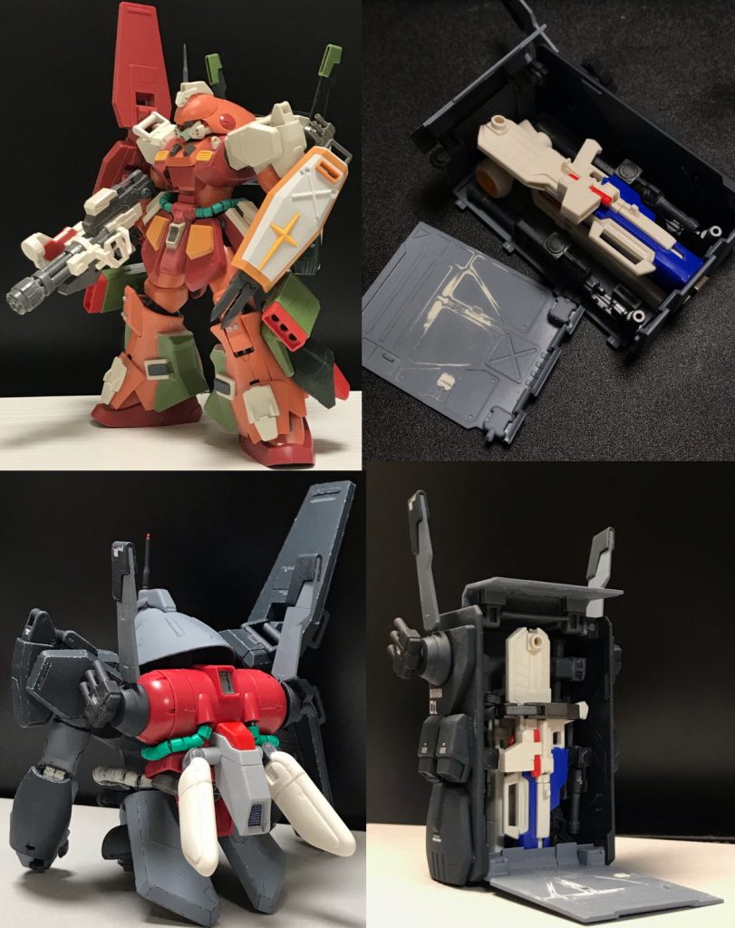 塗装前は左上の状態です。この状態で塗装しましたが、途中でノーマルバックパックやウェポンコンテナの中身を設定したくなったので他の写真は一部だけ塗装した状態になってます。