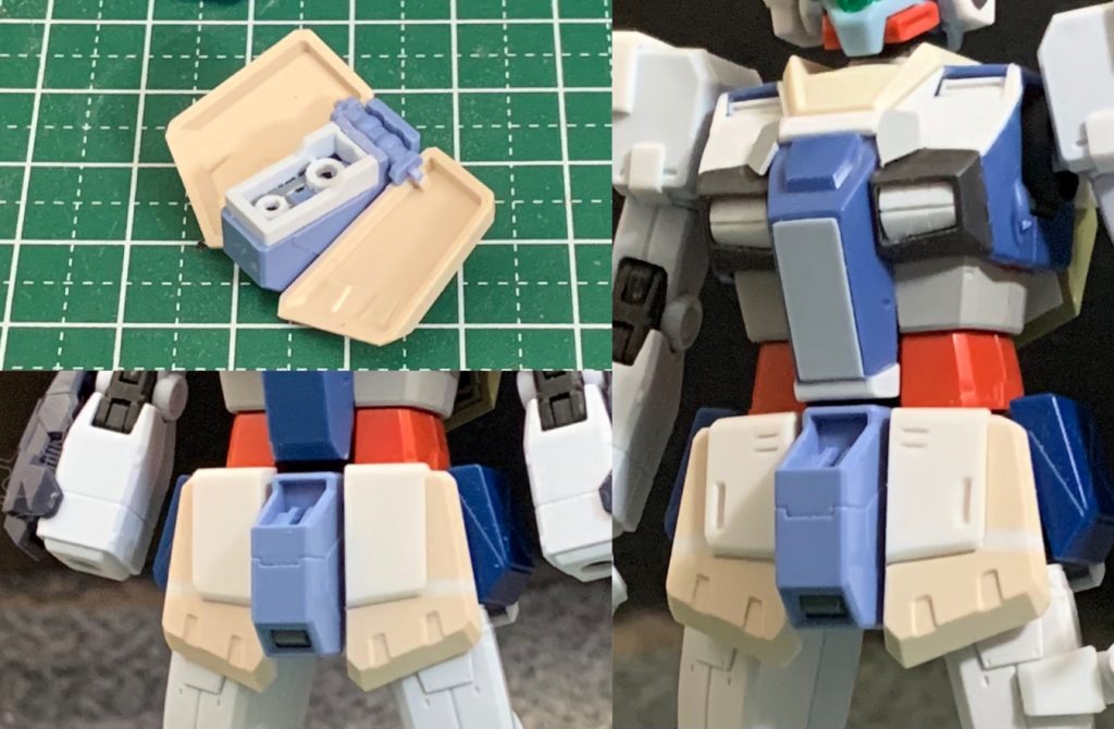 腰部・腹部フンドシ部分はペイルライダーから、フロントアーマーはジム改から、サイドアーマーはジムスナイパーIIから、リアアーマーはジム・ガードカスタムからミキシング。フンドシ接合部分はそのままではつかないので、ジム・ガードカスタムから移植。フンドシに合わせてフロントアーマーの基部をペイルライダーから移植している。フロントアーマーは1.5mmほど延長し、プラ板を貼ってモールドなどを作成。腹部について、上側はジム・ガードカスタムのものを使用しているが、シルエットを細く見せるために下部はオリジン版ガンダムのパーツを使用。