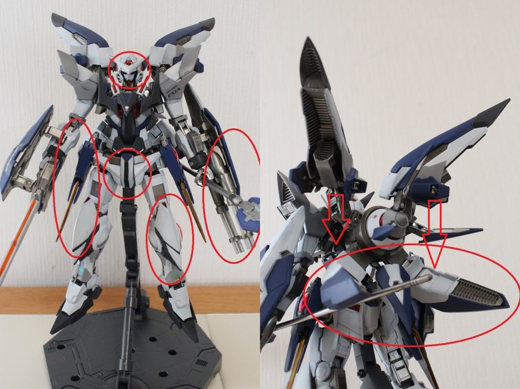 改造箇所顔:目つきが鋭くなるようにヒサシとツノの形状を変えています。股間:パテで形状変更しています。腰のGNビット:剣を小型化してGNビットにしました。膝:パテで形状変更、大型化しています。盾:HGヤクト・ドーガのガトリングを利用してます。バックパック:羽根バーニアの位置を変更しています。その他:足を2mm延長、コクピットハッチの形状変更今の自分にできることを全部詰め込みました。最後までご覧いただき、ありがとうございます。