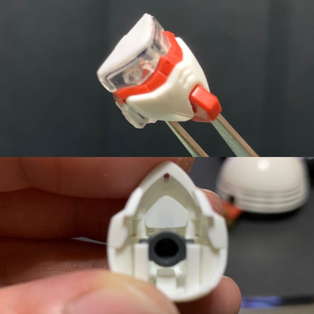 10年以上前のキットだったこともあり、頭部は分割線が真横に入っていたので、マスクを後ハメ加工。接続部を少し削ったのでヘルメット内部にプラ板で受けを作り、マスクにもプラ板を追加。