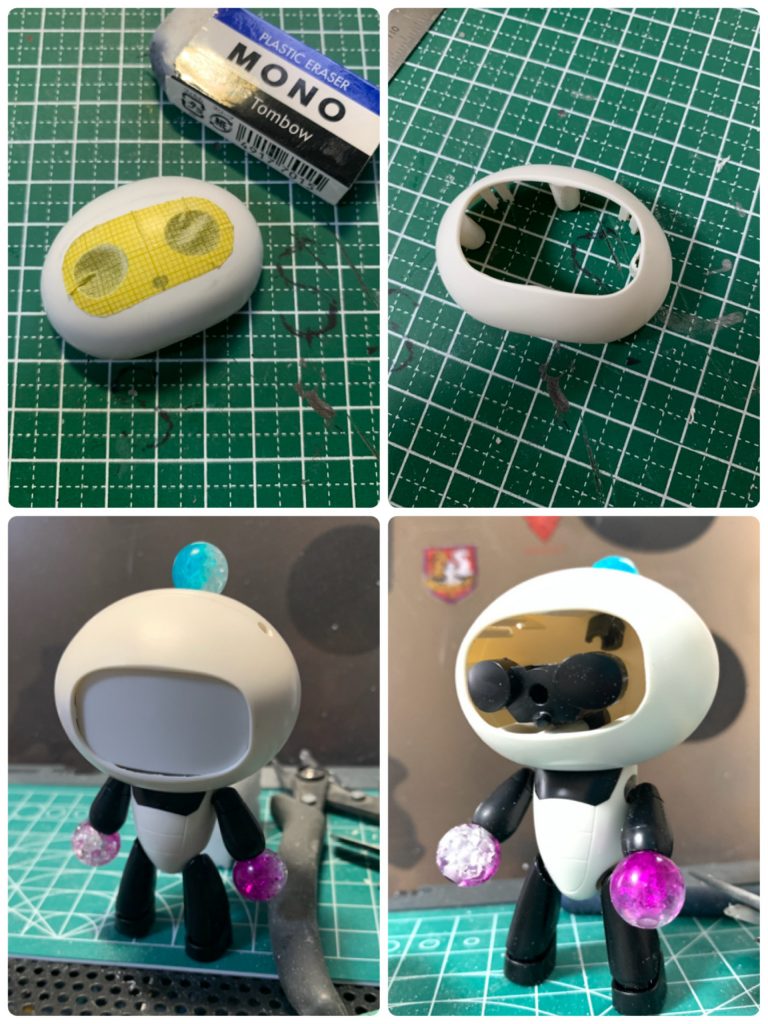 制作工程のご紹介です。ベースはパンダッガイ🐼顔の部分をくり抜いてプラ板を仕込んで某爆弾男の顔に仕立てています。手やボンボリ?は百均のビーズです。
