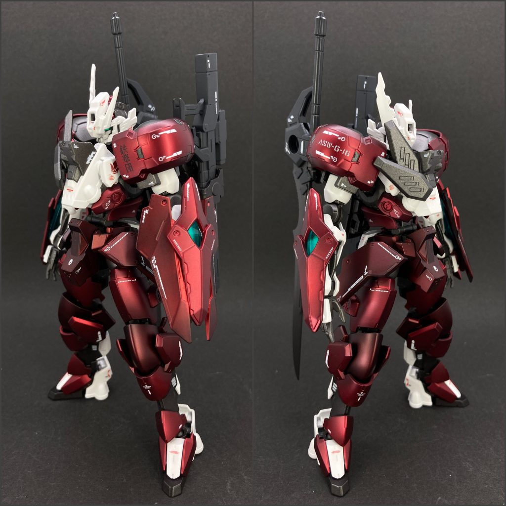 設定:ギャラルホルンが発掘し保有していたフレームで、グリムゲルデ、ユーゴーなどのパーツを用いて組まれており、マクギリスがギャラルホルンに反旗を翻す際に鉄華団に贈った、正に紅き鉄血の機体。