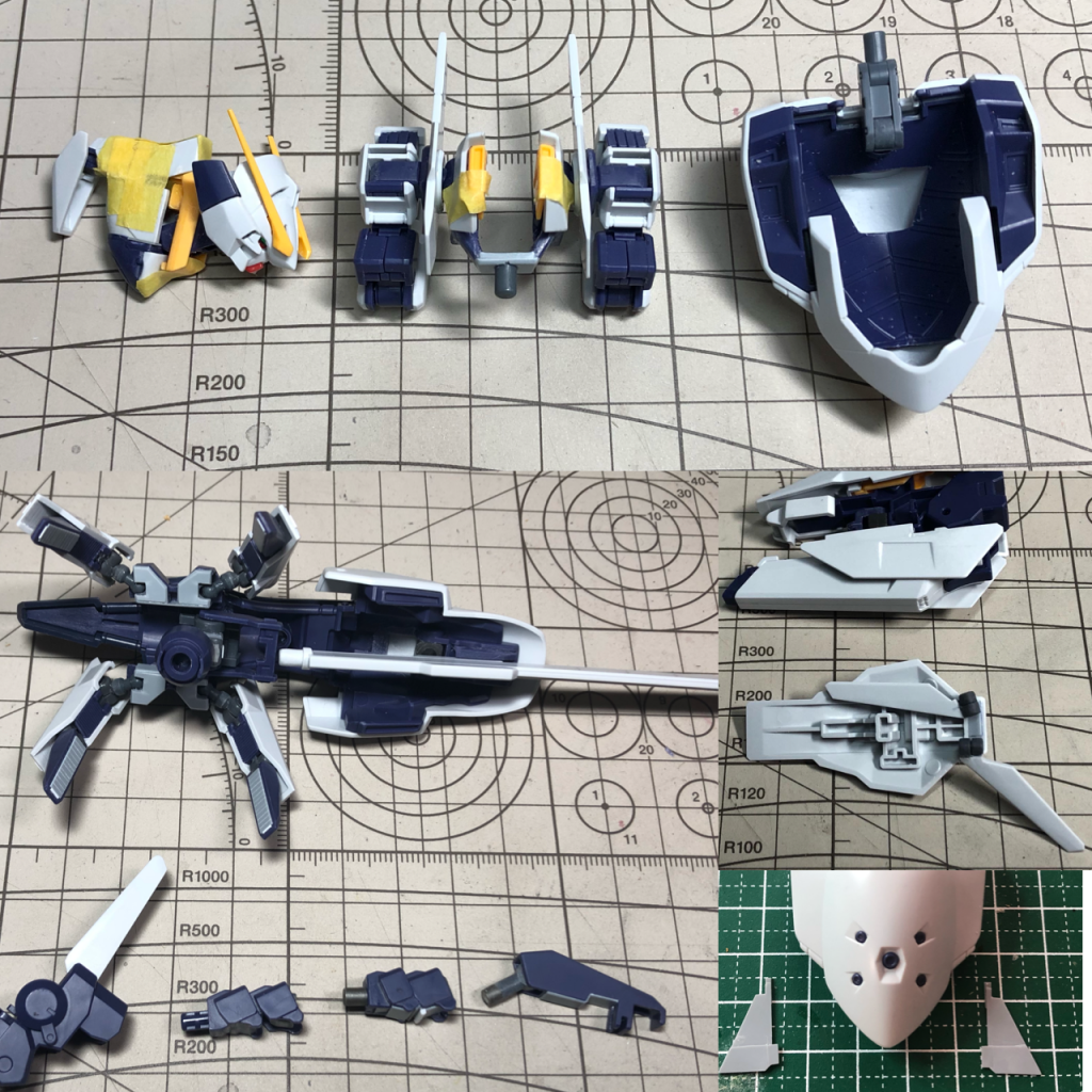 加工したパーツの写真を掲載します。上:主に胴体部です。加工途中の写真ですみません。。。胴は切り離して、プリムローズ部を独立させています。下右上:脚部ウイングの加工です。収納スペースを確保するため、周りは削ってます。下右下:ブースターポットのウイングの加工です。プラ板でウイングを作成しています。下左:コンポジットシールドブースターは、脚部の可動軸追加、アームの関節追加、ブレードの収納機構を追加しました。