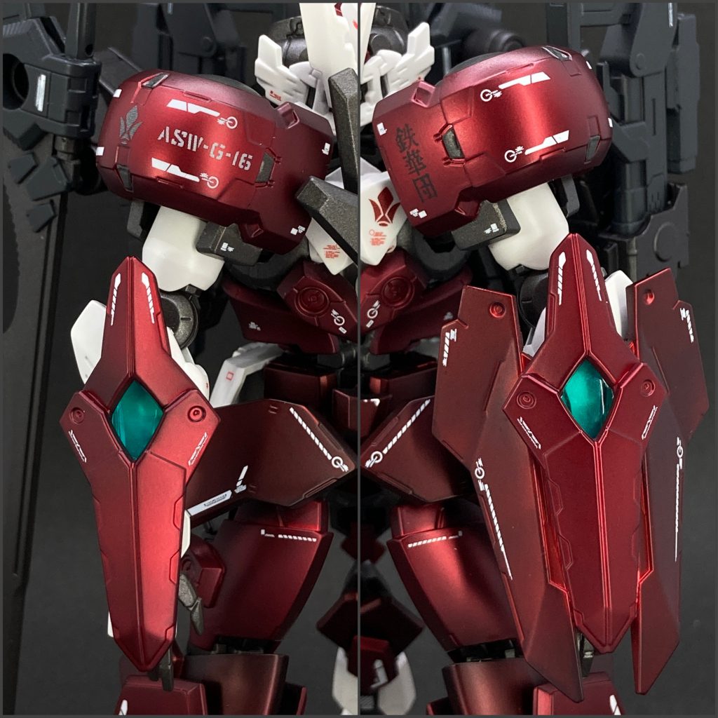 ゼパルの特徴とも言える右腕のガントレットと左腕のシールド。グリムゲルデのフロント/リアスカート、胸部装甲から形成。