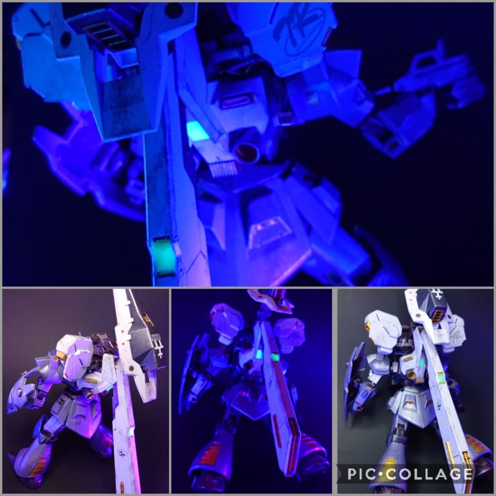 バックショットです。トライブースターユニットのセンサー部分はUVレジン(緑色)と蓄光パウダーなどを混ぜたものを表面に塗ってあるので暗い所で光り、ブラックライトにも反応します。設定資料集に近い色味を出せたので気に入ってます😌🍀