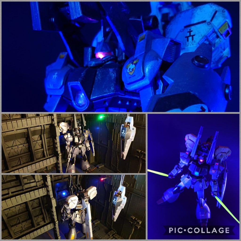 胸部強化パーツは可動式で着脱も可能です。これにより高機動型からノーマルタイプに戻すことが可能です。整備ドックではシールドブースターを着脱中のシーンをイメージして撮ってみました。シールドブースターを吊り下げているチェーンのようなものはネックレスです🤭💦