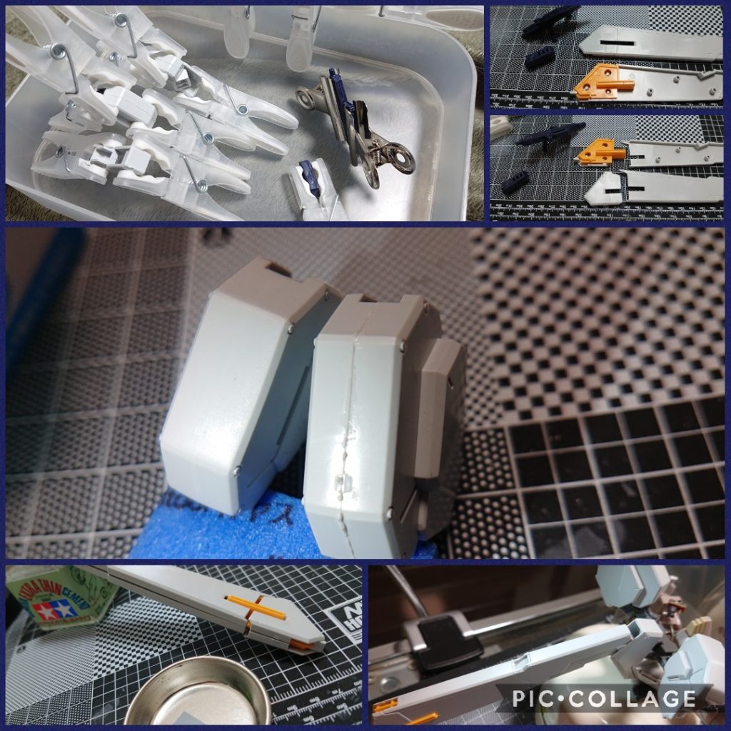 合わせ目ですが本体については腕、肩、足はスジボリで線を強調したので合わせ目消しせず!😲よってトライブースターユニットと武器だけやりました。トライブースターユニット中央部分のながーい合わせ目は写真の通り分割/後ハメ加工してから合わせ目消ししました😌なお、後ハメのためのパーツ分割は前回で習得?したエナメル割でおこないました🙋合わせ目は最終的にどれも綺麗に消えて良かったです😊