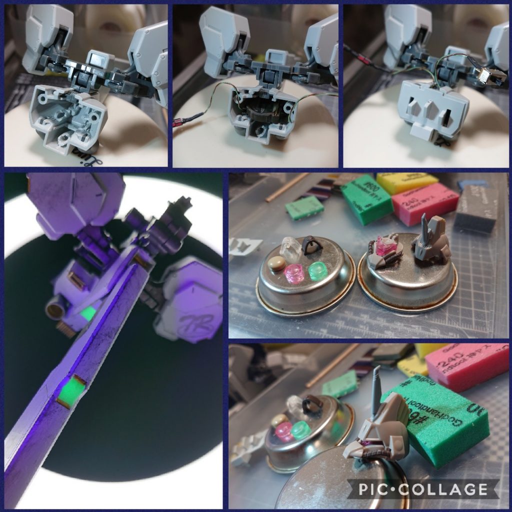 LEDモジュールの電池ボックスはトライブースターユニットに埋め込む事にしました。計画では余裕で収まると踏んでたのですが、実際にはけっこう厳しかったです。。😧💦改造途中、ダボとかも折れたりでそもそも本体とトライブースターユニットが接続できないトラブルも発生😭ネオジム磁石たくさん使ってなんとかリカバリできましたが、ここだけでだいぶ時間かかってしまいました😅背面のセンサー部分はUVレジン(緑色とラメ)に蓄光パウダーを混ぜて塗りました。いい感じの発光具合で気に入ってます。これは今後作成予定のAOZ関連の機体でも使えるなあと考えています😃頭部はブレードアンテナを追加。ガズL/Rもしくはディジェみたいな面構えに😅当初はモヒカン?トサカ🐔部分をなんとかいじろうと思ったのですがパテとか使うのにヒヨって簡単な改造で済ませました。。😳💦モノアイ部分はLEDモジュールで光らせるためにまずはパーツをクリア化。おゆまるとUVレジンで複製。ついでにボディ中央の丸いパーツもクリア化しました。透明やピンク、丸パーツは緑色も試しました。結果、モノアイ部分のパーツはピンクを選択しました。
