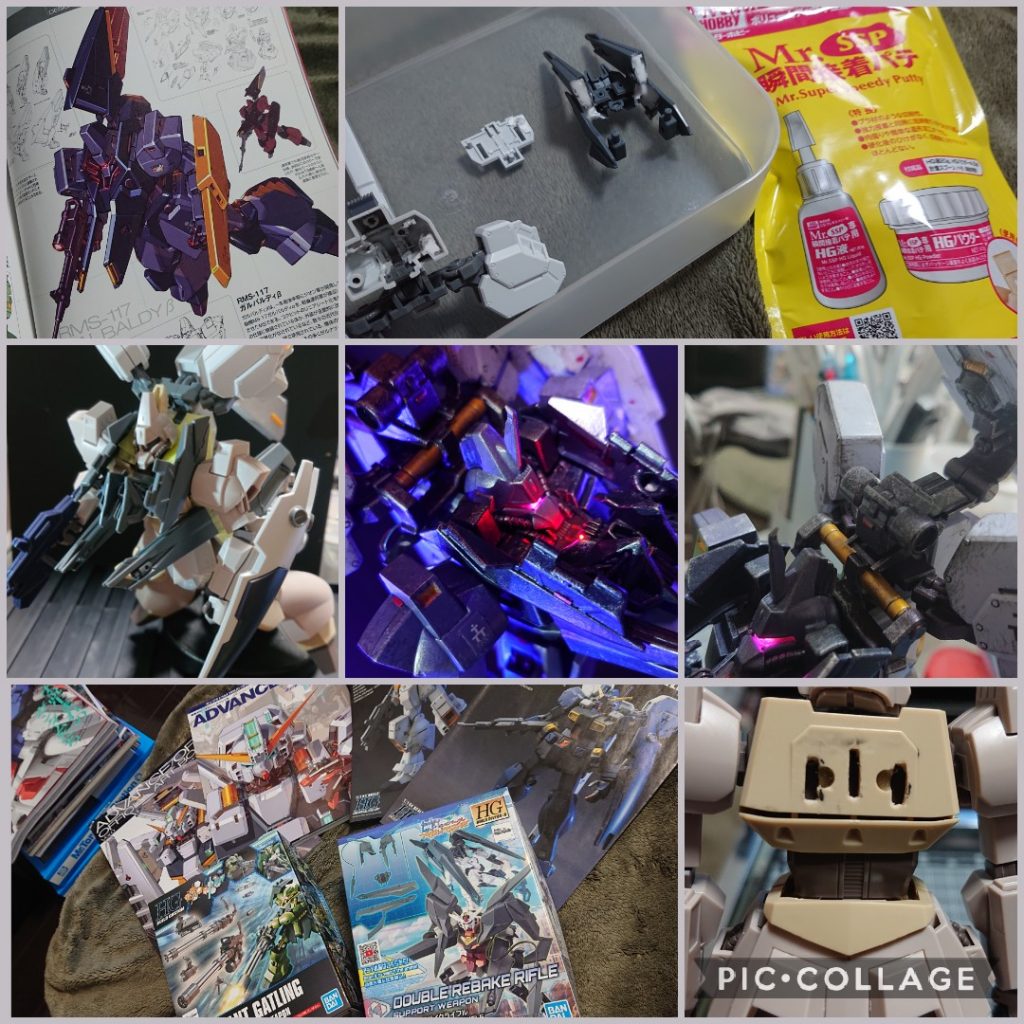 改造したトライブースターユニットをガルバルディβに接続するため背中に穴を開けました(写真右下)。元の穴も残し、どちらも背負えるようにはなっています。見た目はちょっと汚いかもですがどうせ見えない所なのでこれでいいんです😌💦そして背中の次は胸部強化パーツです。あらためて設定資料集を読み込み、なんとなくビルド系のパーツを組み合わせていたらなんとなくいい感じの形状に落ち着きました😊モデリングソーでパーツを切ったり、瞬間接着パテなどを活用し好みの形状にする事が出来ました。LEDモジュールは白色をチョイスしました。最初は赤色で進めていたのですが、微妙な色味や明るさをコントロールするため、LED電球自体は白とし、そこにピンクと青のカラーセロファンを複数枚重ねて好みの感じに仕上げました。なお、真ん中の写真では胸部強化パーツの隙間に赤のミライトLEDを仕込んだのでモノアイのピンクとミライトの赤が入り交じった怪しげな雰囲気になったかなと思います😌※設定資料集の感じを目指してみました😅