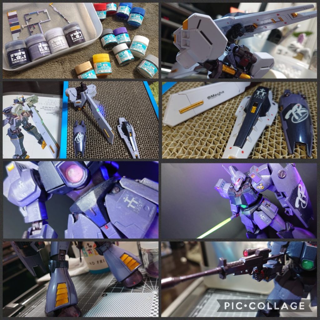 塗装はことごとくマスキングに失敗したため、今回はマスキング無しのフリーハンドです🖌️💦はみ出た所はデザインナイフで削り、またチマチマ修正を繰り返しました😅※ふくらはぎのダクト部分とかかなりチマチマ塗りました。なお、今回の塗料についてはAOZ設定資料集の色味を出したくてほぼ全ての色を調色しました🎨ギラッとした感じを出したくて赤鉄とシルバーを多くしつつ、主にパープルや赤、青系の色で調整しました🍇✨その他、黄色っぽい箇所は下地にゴールド、その上にクリアーイエローを塗りました🔔レッドポイントはモンザレッドを使用しています🟥塗装後、トップコート吹くと色味がそこそこ変わりますね😲💦濃いブルーはもう少し改良しつつも、調色したこれらの塗料は今後のAOZ関連の機体でも使いたいと思っています🎨🖌️☺️タミヤのスミ入れはシールドブースターとトライブースターユニットで使用。(なにげに今回はじめて使いました😲)スーッと流れてスミが入るのは気持ちいいですね😊本体の方のスミ入れはウェザリングカラーの青を使っています。